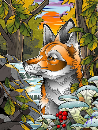 Trail Ghost by Aurora Puzzles is a 1,000 piece jigsaw featuring a red fox near a waterfall in a lush forest with green leaves, white mushrooms, red berries, and an Alaskan sunset puzzle sky in the background.