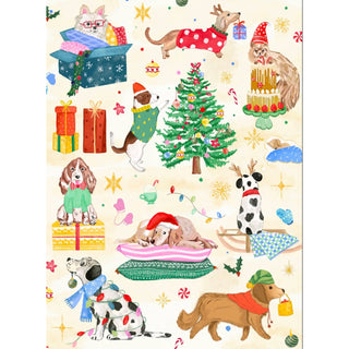 The "Paws and Presents" 500 piece jigsaw puzzle by Puzzlefolk features illustrated dogs and a ferret in festive outfits celebrating Christmas with a tree, presents, and playful holiday scenes.