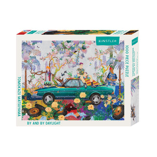 The By and By Daylight 1,000 Piece Jigsaw Puzzle box features a Tomokazu Matsuyama illustration of people around a green car in a surreal garden with flowers, palm trees, and scattered tires.