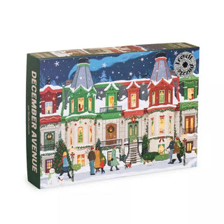 The Trevell December Avenue | 1,000 Piece Jigsaw Puzzle comes in a rectangular box with snowy street art featuring colorful townhouses and festive walkers—perfect for a holiday puzzle session.
