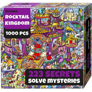 The QUOKKA Rocktail Kingdom | 1,000 Piece Jigsaw Puzzle features a vibrant, detailed castle scene with hidden objects and the text “223 Secrets” and “Solve Mysteries” on the front of the box.