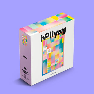The Portals 1,000-piece jigsaw puzzle by Holiyay Puzzles features a colorful geometric abstract design on the box front against a purple background.