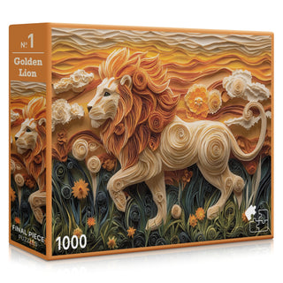 Final Piece Puzzles’ Golden Lion | 1,000 Piece Jigsaw Puzzle features a quilling paper lion with floral accents and a sunset backdrop—an ideal adult puzzle for art enthusiasts.
