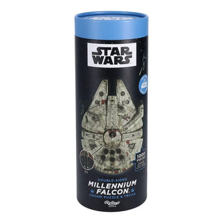 Packaged in a cylindrical box labeled Chronicle Books, the Star Wars Millennium Falcon 1,000 Piece Jigsaw Puzzle includes a double-sided Millennium Falcon puzzle and engaging Star Wars trivia, as indicated on the packaging.