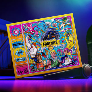 A Fortnite | 1,000 Piece Jigsaw Puzzle box featuring colorful illustrations of various video game characters and a battle bus.
