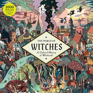 Inspired by the rich tapestry of witchcraft history and iconic events such as the Salem witch trials, The World of Witches | 1,000 Piece Jigsaw Puzzle by Laurence King Publishing features a colorful illustration with witches, animals, and townsfolk; at its center, a diamond displays the puzzle’s title, offering puzzlers a captivating cultural exploration and challenge.