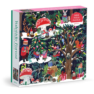 Galison’s Yuletide Forest | 500 Piece Jigsaw Puzzle showcases an illustrated forest with animals, gnomes, gifts, a decorated tree, and mushrooms—perfect for the holidays.