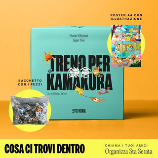 The Treno Per Kamakura | 500 Piece Jigsaw Puzzle by StoPuzzle is displayed in a turquoise box with the pieces in a bag and an illustrated A4 poster, all set against a yellow background.