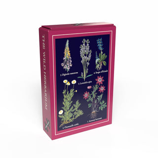 The Wild Herbarium | 99 Piece Jigsaw Puzzle by Penny Puzzle comes in a pink box featuring vintage botanical art of five flowering plants with scientific names—a charming minipuzzle perfect for plant lovers.