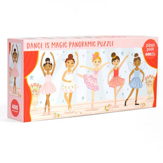 Experience the Dance Is Magic | 400 Piece Jigsaw Puzzle by Pippi Post, a rectangular panoramic puzzle showcasing beautifully illustrated ballerinas in various poses on the front.