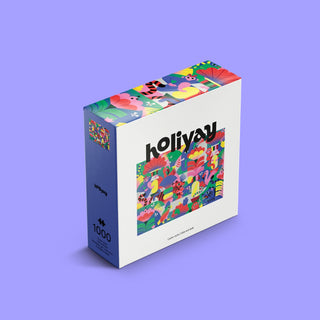 The Cache-Cache 1,000 Piece Jigsaw Puzzle by Holiyay Puzzles features a vibrant abstract design of animals and plants on a purple background—an ideal geometric art puzzle for creative minds.