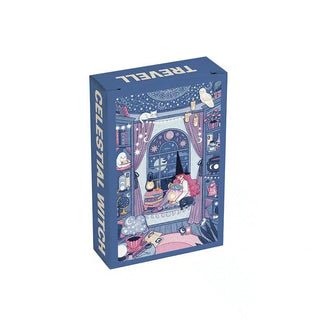 Escape to an enchanted tower with the Trevell Celestial Witch | 99 Piece Jigsaw Puzzle, featuring a charming illustration of a witch reading in a cozy, magical room filled with stars, books, and potion bottles—an enchanting mini puzzle perfect for any fantasy lover.