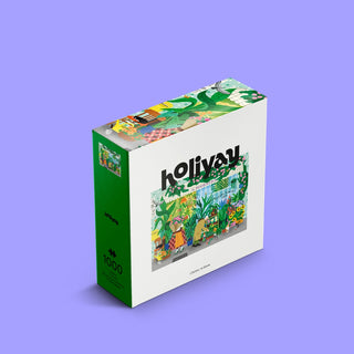 The In Bloom 1,000 Piece Jigsaw Puzzle from Holiyay Puzzles features an illustration of people and plants set against a purple background. Made with precision-cut pieces and a premium matte finish, this puzzle offers hours of relaxing fun.