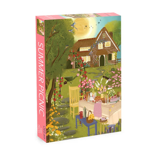Piece together the Summer Picnic 1,000 Piece Jigsaw Puzzle by Olleo Puzzles, featuring a vibrant garden picnic scene with a food-laden table, blooming flowers, cottage backdrop, and birds gliding in the sunny sky.
