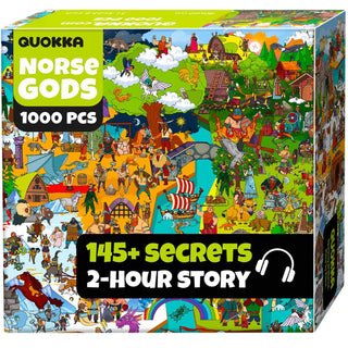 QUOKKA Norse Gods | 1,000 Piece Jigsaw Puzzle features vibrant cartoon Norse mythology scenes, 145+ hidden secrets, and includes a captivating 2-hour audio story for an immersive adult puzzling experience.
