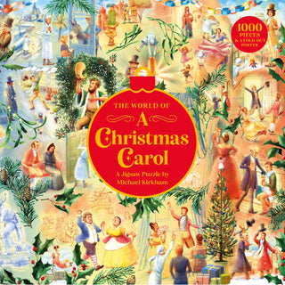 The World of A Christmas Carol | 1,000 Piece Jigsaw Puzzle box featuring illustrated scenes and a central red ornament graphic containing the title.