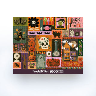 The Spaghetti Tree “Happy Halloween” 1,000 Piece Jigsaw Puzzle features vibrant, illustrated Halloween-themed images—such as pumpkins, ghosts, bats, and festive decorations—making it the perfect spooky challenge for any puzzle enthusiast.