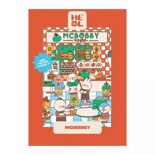 Heol Editions presents "Mcbobby | 99 Piece Jigsaw Puzzle"—a playful illustration of cartoon animals enjoying a meal at the vibrant MCBOBBY fast-food restaurant, with a bright red border and cheerful decor.