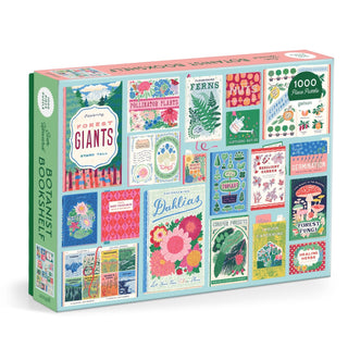The Galison Ever Upward Botanist Bookshelf is a 1,000-piece jigsaw puzzle featuring vibrant illustrations of plant, flower, and gardening book covers—a colorful and challenging botanical puzzle for enthusiasts.