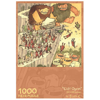 An epic scene of two ogres on a cliff with armored climbers features on the Scott C Shop "Ogres | 1,000 Piece Jigsaw Puzzle," measuring 22 x 22 inches.