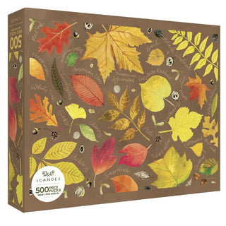Discover the Fallen Leaves | 500 Piece Jigsaw Puzzle by 1canoe2, featuring beautifully illustrated autumn leaves in a variety of shapes and colors, each labeled with its tree name on a warm brown background. Perfect for nature lovers, this jigsaw puzzle brings the vibrant spirit of fall into your home.