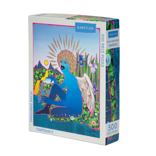 Tempérance | 500 Piece Jigsaw Puzzle by Kinstler Puzzles features vibrant artwork of a blue figure with a halo amid colorful plants, inspired by the Tempérance tarot card.