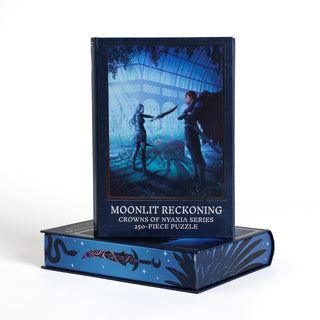 Two rectangular Moonlit Reckoning | 250 Piece Jigsaw Puzzle boxes stacked on a white background, featuring fantasy illustrations of warriors and a sword.