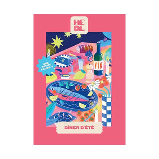 Illustration of a summer dinner table with grilled fish, lemon, drinks, and decorations, framed in pink. Dîner d'été | 99 Piece Jigsaw Puzzle by Heol Editions—Mediterranean style and made in France.