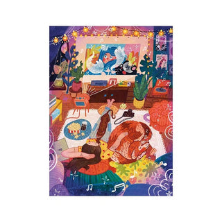 A person relaxes on the floor with a big dog, surrounded by plants, string lights, and snacks—capturing the cozy vibe of Trevell's Childhood Night | 99 Piece Jigsaw Puzzle.
