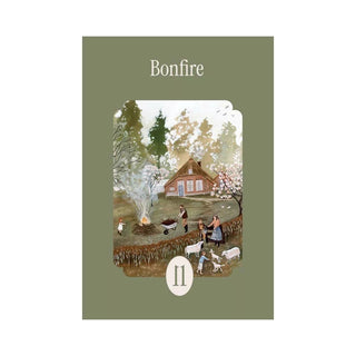 Illustration of people by a bonfire near a cottage with sheep, trees, and a garden on the la pauz Bonfire | 99 Piece Jigsaw Puzzle—perfect for relaxing with a charming mini puzzle.