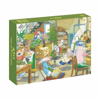 The WEVE Rto | 1,000 Piece Jigsaw Puzzle showcases whimsical animals in a cozy, plant-filled room with large windows and furniture, crafted on premium blue board for lasting quality.