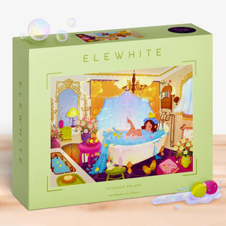 The Elewhite Vintage Splash | 1,000 Piece Jigsaw Puzzle features original art of a woman in a vintage bathtub with vibrant decor, packaged in pastel green and crafted from premium puzzle board.