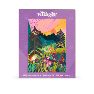 Manning Park | 1,000 Piece Jigsaw Puzzle by Villager Puzzles features a vibrant illustrated landscape of mountains, trees, wildflowers, and a sunset sky inspired by the scenic beauty of British Columbia. The box displays “Villager” and “1,000 piece puzzle” in both English and French on a purple background—making it an ideal Canadian souvenir.