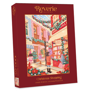 Red box with Christmas Shopping | 1,000 Piece Jigsaw Puzzle by Reverie Puzzles, featuring Agnezia Zefanya’s festive holiday shopping outdoor plaza art.