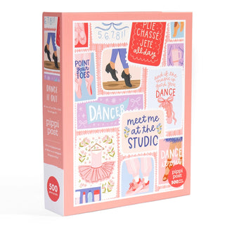 Discover the Dance It Out | 500 Piece Jigsaw Puzzle by Pippi Post—a vibrant ballet-themed puzzle showcasing colorful illustrations of ballet shoes, tutus, and motivational dance quotes set against a pink backdrop. This delightful jigsaw puzzle is the perfect dance studio gift for any ballet lover or enthusiast.
