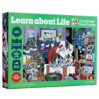 Box for Livuzzle Christmas Trivia | 1,000 Piece Jigsaw Puzzle features an illustrated festive room scene packed with hidden details for a fun seek and find experience. This engaging Christmas jigsaw puzzle also includes trivia facts inside and is proudly made in the USA.