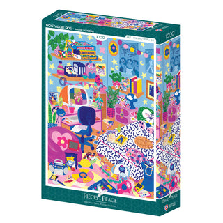 The Pieces & Peace "Nostalgie 90s" 1,000-piece puzzle, made in France, showcases a vibrant cartoon-style bedroom filled with retro electronics, posters, and pop culture icons from the 90s.