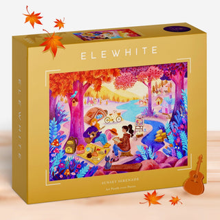 Sunset Serenade by Elewhite is a 1,000 piece jigsaw puzzle featuring original autumn picnic art with people, animals, and colorful trees. Premium board; packaging adorned with a guitar and falling leaves for added charm.