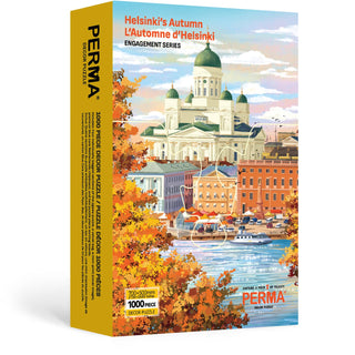 PERMA Puzzle’s "Helsinki's Autumn" 1000-piece jigsaw puzzle showcases the city’s cathedral, harbor, and fall leaves, made from premium Dutch chipboard for an enjoyable autumn puzzling experience.