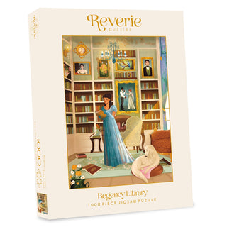 Experience the charm and elegance of a classic library with the Regency Library | 1,000 Piece Jigsaw Puzzle by Reverie Puzzles. Featuring beautiful artwork by Lorena Cerqueira, this puzzle showcases an illustrated scene of a woman reading in an ornate, book-filled regency-style library adorned with portraits on the walls—perfect for every puzzle enthusiast.