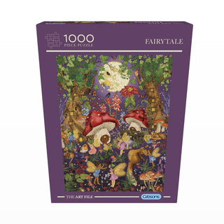 The Art File: Fairytale is a 1,000 piece jigsaw puzzle by Gibsons Games, featuring an illustrated enchanted woodland scene with fairies, animals, mushrooms, and a large moon.