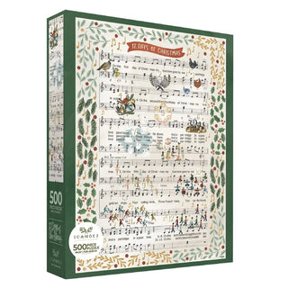 The 12 Days of Christmas Music 500 Piece Jigsaw Puzzle by 1canoe2 features a vibrant musical score and whimsical illustrations inspired by the classic carol, all framed within an elegant green and gold decorative border.