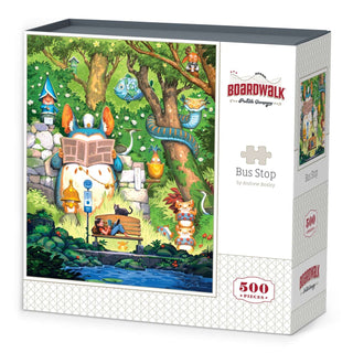 The Bus Stop | 500 Piece Jigsaw Puzzle by Boardwalk Puzzle Company showcases whimsical animals waiting at a vibrant, cartoon-style forest bus stop, featuring charming artwork reminiscent of Andrew Bosley’s beloved Everdell illustrations.