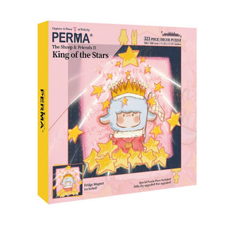 The King of Stars | 321 Piece Jigsaw Puzzle by PERMA Puzzle: features a crowned sheep among stars, glitter effect on Dutch blue-core chipboard, and includes a fridge magnet.