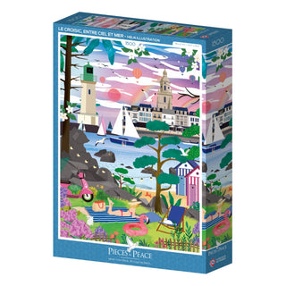 Le Croisic, Entre Ciel Et Mer is a 1,500-piece jigsaw puzzle by Pieces & Peace, featuring a vibrant Heln illustration of a colorful seaside town with boats, lighthouses, charming buildings, and people relaxing by the shore—proudly made in France.