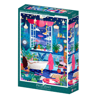 The De Bulles et D'etoiles 1,000 Piece Jigsaw Puzzle by Pieces & Peace features a whimsical bathroom scene with a clawfoot tub and starlit window, made in France.
