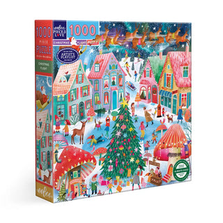 The eeBoo Christmas Flight 1,000 Piece Jigsaw Puzzle showcases a festive winter village with decorated houses, people, animals, and a central Christmas tree—ideal for fans of charming mushroom cottage puzzles.