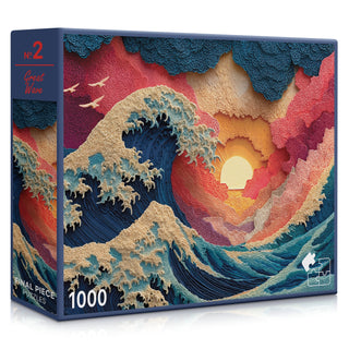 The Great Wave | 1,000 Piece Jigsaw Puzzle by Final Piece Puzzles features a vibrant blue, red, and yellow wave scene with birds and a sunset—ideal for fans of iconic wave art.