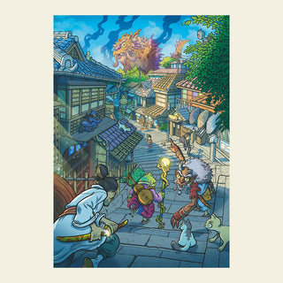 Armed adventurers descend stone stairs in a Japanese town as a fiery beast looms—an exciting scene from StoPuzzle’s I Guardiani Di Kyoto 1,000-piece jigsaw puzzle.