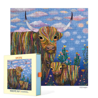The WerkShoppe Highland Cows | 1,000 Piece Jigsaw Puzzle features vibrant art of two highland cows in a wildflower field beneath a blue sky, with the puzzle box displayed in front.